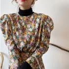Puff-sleeve Floral Printed Dress As Shown In Figure - One Size