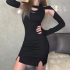 Set: Halter-neck Mini Bodycon Dress + Off-shoulder Shrug