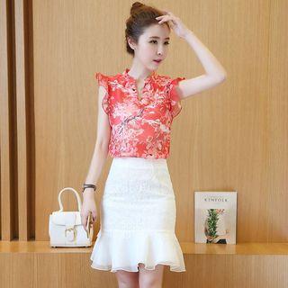 Set: Floral Print Sleeveless Top + Ruffle Hem Skirt