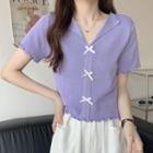 Short-sleeve V-neck Wood Ear Trim Bow Accent Knit Top
