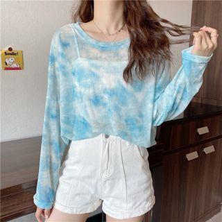 Long-sleeve Round Neck Tie-dyed T-shirt