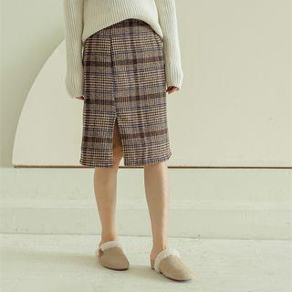 Plaid Wool Side Slit Midi Skirt