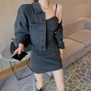 Bodycon Denim Suspender Skirt / Pocket-detail Long-sleeve Denim Jacket