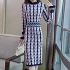 Patterned Long-sleeve Knit Sheath Dress