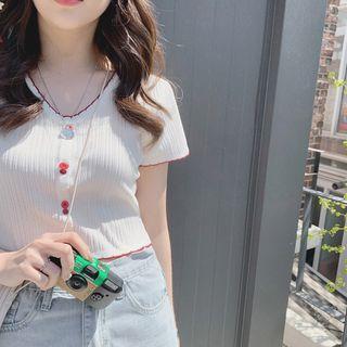 Contrast Trim Short-sleeve Cropped Cardigan