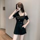 Set: Short-sleeve Cold Shoulder Slit Top + Shorts