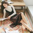 Set: High Neck Long-sleeve T-shirt + Lace Trim Velvet Spaghetti-strap Dress