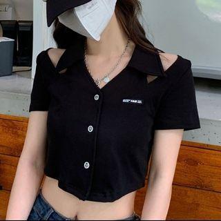 Short-sleeve Cutout Button-up Crop Top
