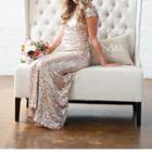 Sequined Open Back Cap Sleeve Sheath Evening Gown