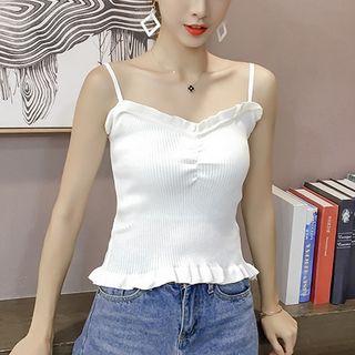 Ruffle Trim Spaghetti Strap V-neck Top