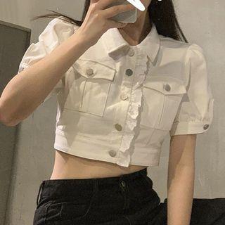 Puff-sleeve Ruffle Trim Cropped Jacket