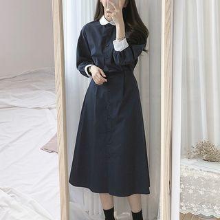 Long-sleeve Two-tone Midi A-line Shirtdress