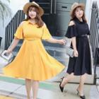 Cold-shoulder Short-sleeve Collared A-line Dress
