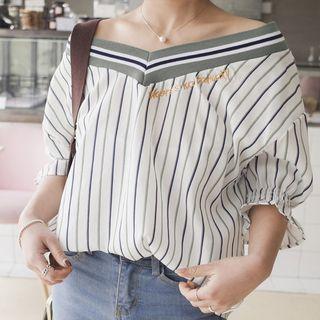 Striped V-neck Off-shoulder Blouse