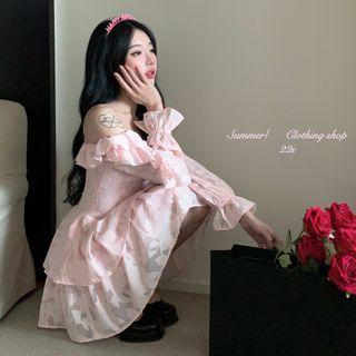 Long-sleeve Ruffle A-line Dress Pink - One Size