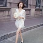 Leaf Embroidered Elbow-sleeve Wide-leg Playsuit