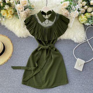 Mesh Panel Accordion Pleat Ruffle Lace-up Strap Dress