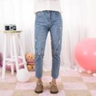 Cat Embroidered Washed Jeans