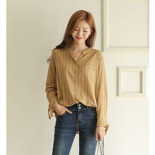 Open-placket Beribboned-sleeve Striped Blouse