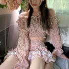 Floral Print Off-shoulder Cropped Blouse / Mini Skirt