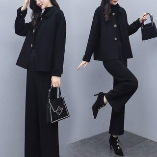Set: Plain Button Jacket + Wide Leg Pants