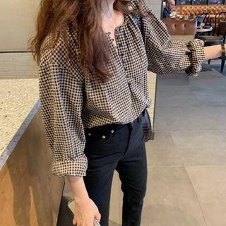 Round-sleeve Gingham Elbow-sleeve Shirt