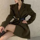 Set: Double Breasted Plain Coat + Belt Army Green - One Size