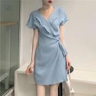 Plain Short Sleeve Wrap Front Dress