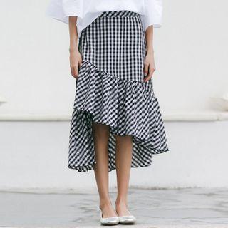 Asymmetric Gingham Ruffled A-line Skirt Black - One Size