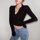 Long-sleeve Notched Knit Top