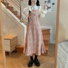Set: Long-sleeve Mock-neck Top + Spaghetti Strap Floral Print Midi A-line Dress