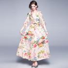 Flower Print Lantern-sleeve Maxi A-line Dress