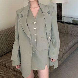 Plain Single-breasted Blazer / Vest / Mini Pencil Skirt
