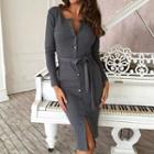 Buttoned Long-sleeve Bodycon Dress With Sash