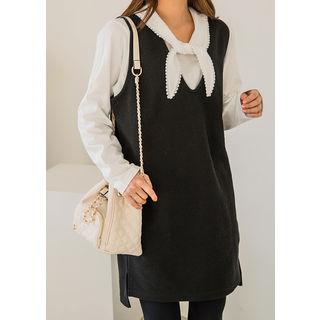 Tall Size Set: Pinafore Dress + Tie-neck Lace-trim Top