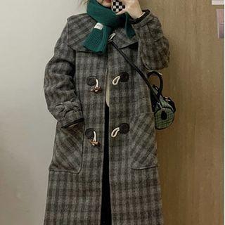 Plaid Toggle Long Coat Gray - One Size