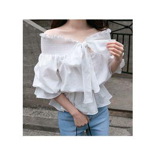 Beribboned Smocked Off-shoulder Peplum Blouse