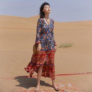 Long-sleeve V-neck Print Sundress
