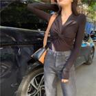 Plain V-neck Long-sleeve Slim-fit Top / Loose-fit Jeans