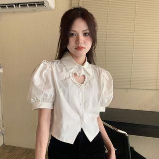Puff-sleeve Ruffled Heart Cutout Blouse
