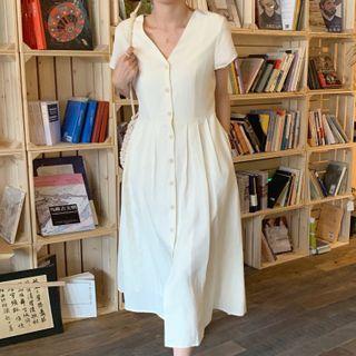 Short-sleeve V-neck Cutout-back Midi A-line Dress