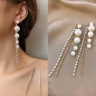 Faux Pearl Rhinestone Fringed Earring 1 Pair - Silver Steel - Faux Pearl - White - One Size