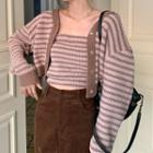 Striped Cropped Cardigan / Strapless Knit Top