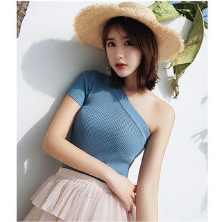 Short-sleeve One-shoulder Knit Top
