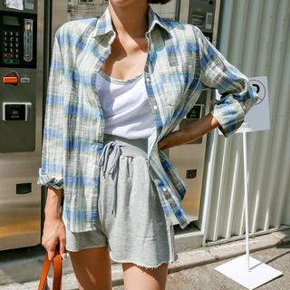 Long-sleeve Plaid Linen Blend Shirt