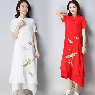 Short-sleeve Traditional Chinese Embroidered Midi Dress