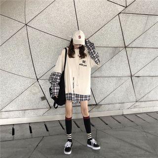 Plaid Panel Lettering Hoodie As Shown In Figure - One Size