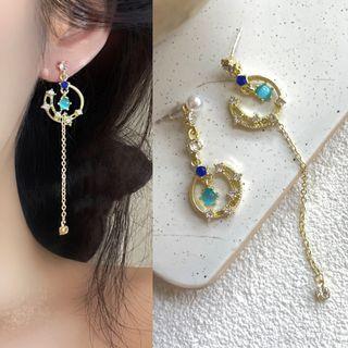 Moon & Star Faux Cat Eye Stone Asymmetrical Alloy Dangle Earring 1 Pair - 2780a - Asymmetric - Gold & Blue - One Size