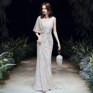 One Shoulder Cutout Sequined Mermaid Evening Gown