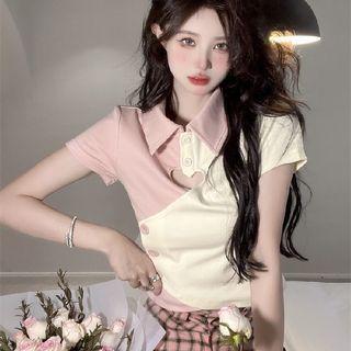 Short-sleeve Collar Two-tone Cut-out T-shirt